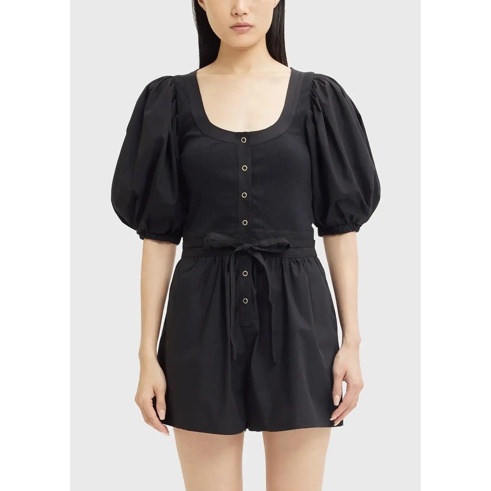 Mable Black Puff Sleeve Romper Snap Front Tie Waist Playsuit Ulla Johnson Dupe